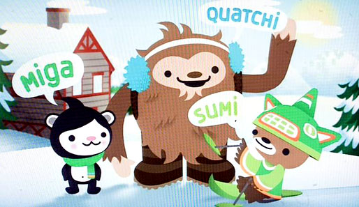 Die Maskottchen für die Olympischen Winterspiele 2010 in Vancouver: Big Foot Quatchi, Seebär Miga und das mystische Wesen Sumi