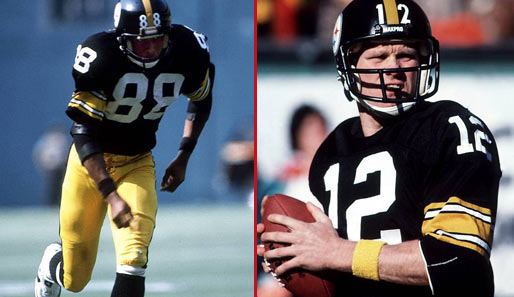 Super Bowl XIII verlieren die Cowboys gegen Pittsburgh. Steelers-Quarterback Terry Bradshaw (Rechts) wirft vier Touchdowns. Einen fängt Lynn Swann (Links)