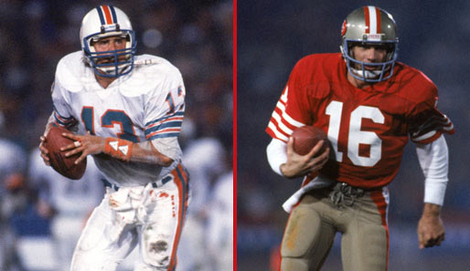 Duell der Legenden: 1985 treffen Dolphins-Quarterback Dan Marino (Links) und Joe Montana aufeinander. Montana und seine 49ers gewinnen mit 38:16