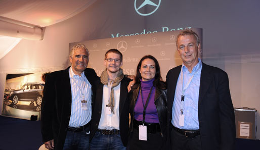 Claudia Merzbach, Managerin für Sports Communications bei Mercedes-Benz, mit ihren Gästen Berger, Czyz und Bonhof