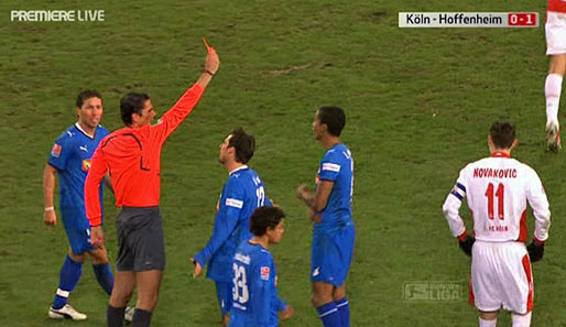 Vier Minuten später: Hoffenheims Luiz Gustavo bekommt von Schiedsrichter Aytekin die Gelb-Rote Karte gezeigt