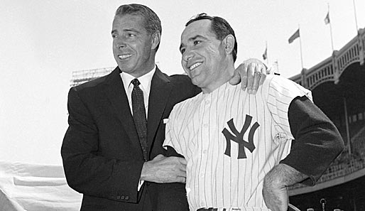 Joe DiMaggio (l., 1914-1999) schaffte 1941 in 56 aufeinanderfolgenden Spielen mindestens ein Hit - Rekord! Yogi Berra (r.) ist noch heute die gute Seele der Yankees