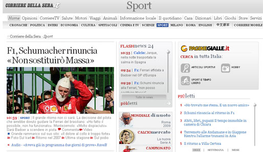 Corriere della Sera (Italien): Schumacher zieht zurück: "Ich werde Massa nicht ersetzen". Die große Rückkehr ist geplatzt