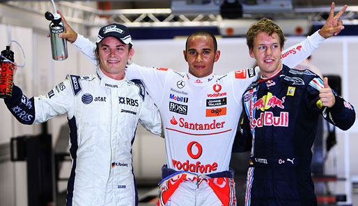 Jubel bei den Top drei des Qualifyings: Nico Rosberg, Lewis Hamilton und Sebastian Vettel (v.l.)