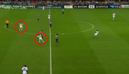 Ribery (Kreis unten) ist allerdings von zwei Gegenspielern gut bewacht. Bleibt der Pass ins Zentrum auf Schweinsteiger (Kreis oben)