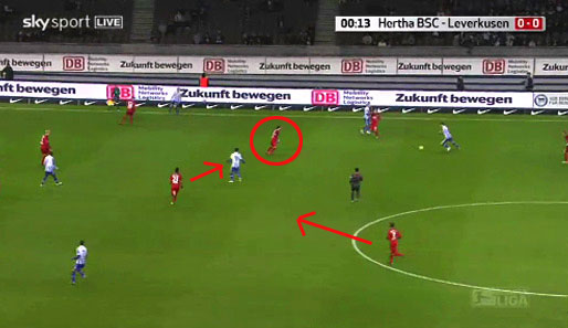 Gleiches Spiel, andere Szene: Hertha in Bayers Hälfte. Der Spieler im Kreis nimmt den ballführenden Mann auf. Vidal (kleiner Pfeil) übt Druck auf Raffael aus. Barnetta (großer Pfeil) orientiert sich nach hinten, Richtung Ball