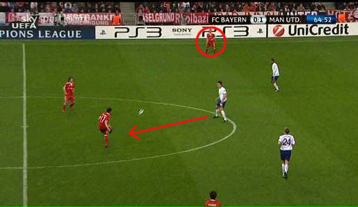 Spielaufbau der Bayern: Van Bommel wird gestellt. Der Ball wandert zu Ribery, der an der Außenlinie wartet und das Feld damit möglichst groß macht