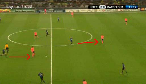 Barcas Mittelfeldspieler bekommt den Ball, hat aber mit dem Rücken zum Tor bereits Druck von Cambiasso (Pfeil links). Sneijder hat Zugriff auf seinen Gegenspieler (Pfeil rechts)