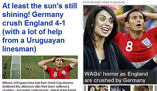 "Wenigstens scheint die Sonne noch", titelt die "Daily Mail Online" nach dem 1:4 gegen Deutschland. Ein Blick auf die englischen Webseiten direkt nach dem Spiel...