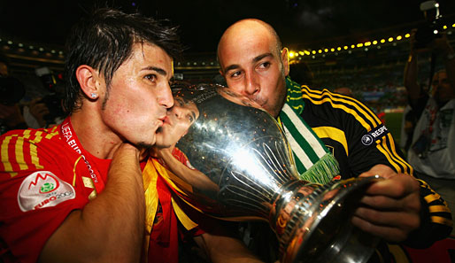 Den größten Erfolg feierte Villa (l.) 2008, als er mit Spanien Europameister wurde. Zusätzlich sicherte er sich auch noch die Torjäger-Krone der EM