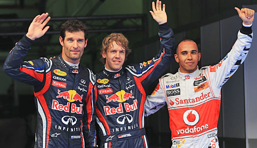Am Ende jubelte Sebastian Vettel (M.) über die zweite Pole-Position im zweiten Rennen. Knapp dahinter landeten Lewis Hamilton (r.) und Mark Webber (l.)