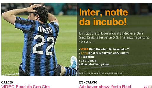 Schalke demontiert den Titelverteidiger! So sieht es auch die "Gazzetta dello Sport" und titelt: "Inter, ein Albtraum-Abend!"
