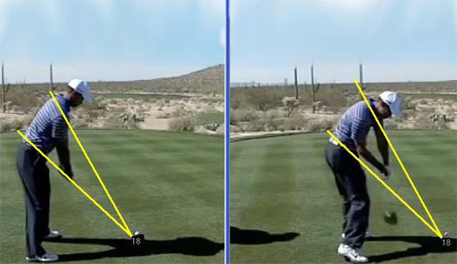 Das Setup von Tiger Woods bei seinem aktuellen Schwung. Die Schultern sind nicht parallel zur Standlinie, sondern zeigen mehr nach links
