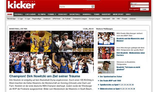 Selbst das Fußball-Fachmagazin "Kicker" hat die Mavericks ganz oben auf der Seite - "Nowitzki am Ziel seiner Träume"