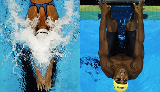 Fallstudien: Links springt Brustschwimmerin Rebecca Soni (USA) ins Nass, rechts hüpft Simon Sjoedin (SWE) rückwärts ins Wasser