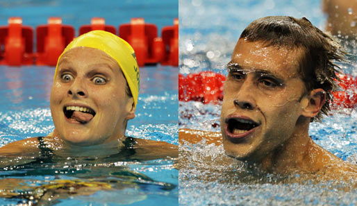 Der Beweis: Schwimmen macht gaga! Leisel Jones (AUS) und Nicholas Thomas (USA) mit Gesichtsakrobatik