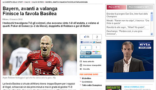 Gazzetta dello Sport - Italien ("Die Bayern-Lawine ist weiter und beendet das Basel-Märchen")