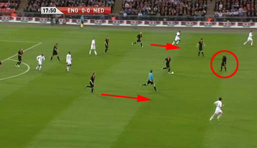 Die Niederländer nehmen Tempo für den Gegenstoß auf, England zieht sich schnell zurück. Sneijder (Kreis) wartet im Mittelfeld allerdings auf das Anspiel