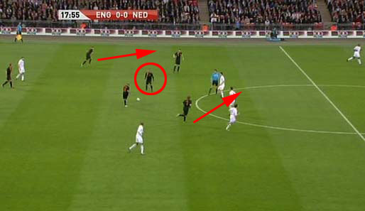 Statt des schnellen Gegenstoßes nimmt de Jong Tempo raus, um den wartenden Sneijder ins Spiel zu bringen. Im Ballbesitz hat der nun das Spiel vor sich