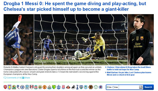 Daily Mail- England ("Drogba 1, Messi 0: Chelseas Star rafft sich zum Giganten-Killer auf")