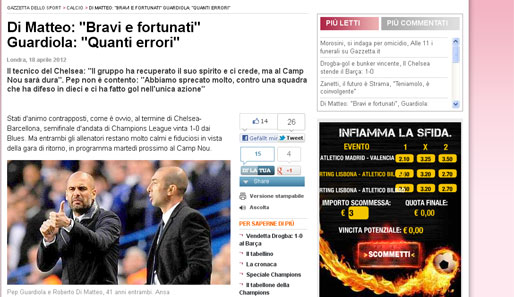 La Gazzetta dello Sport- Italien ("Di Matteo: Wir haben gut gespielt und hatten Glück. Guardiola: Wir haben viele Fehler gemacht.")