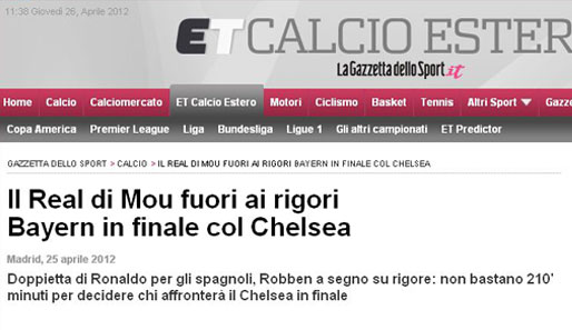 Der italienische Blick konzentriert sich mehr auf das Ausscheiden von Mourinho als auf das Weiterkommen von Bayern. Hier die "Gazzetta dello Sport"