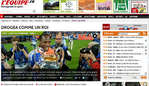 FRANKREICH: "Drogba wie ein König" titelt die französische "L'Equipe", bezeichnet den Ivorer als "Handwerker des Chelsea-Sieges"