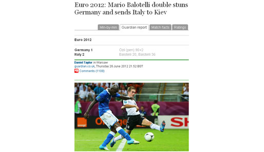 Der "Guardian" bleibt wie gewohnt sachlich: "Balotelli lähmt die Deutschen mit seinem Doppelpack und schickt Italien nach Kiew"