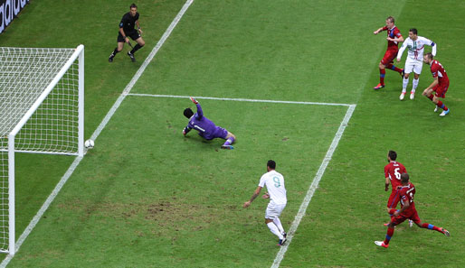 Die berühmten Zentimeter. Cristiano Ronaldo trifft nur den Pfosten, Cech befindet sich bereits nur noch in der Zuschauerrolle