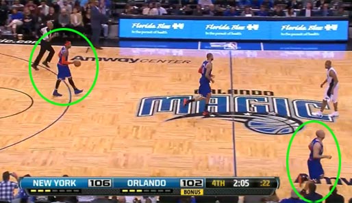 Kidd mehr ein Shooter als ein Playmaker? Beispielhaft das Spiel in Orlando: Melo trägt den Ball vor (Kreis links), Kidd bewegt sich schon Richtung rechte Ecke