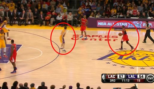 Wie sehr Nash die Lakers-Defense entblößt, sieht man hier: Clippers-PG Chris Paul am Ball, Gegenspieler Nash (Kreis links) will ihn aufnehmen