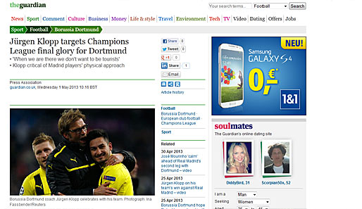 In England steht auch einmal der BVB im Fokus: Der "Guardian" berichtet über Klopps Siegeswillen in Wembley