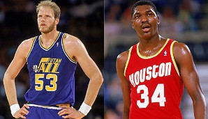 Die Bestmarke bei den Blocks teilen sich Mark Eaton (l.) und Rockets-Legende Hakeem Olajuwon. Eaton blockte 1985 10 Würfe gegen Houston. "The Dream" gelang das Kunststück fünf Jahre später gegen die Lakers