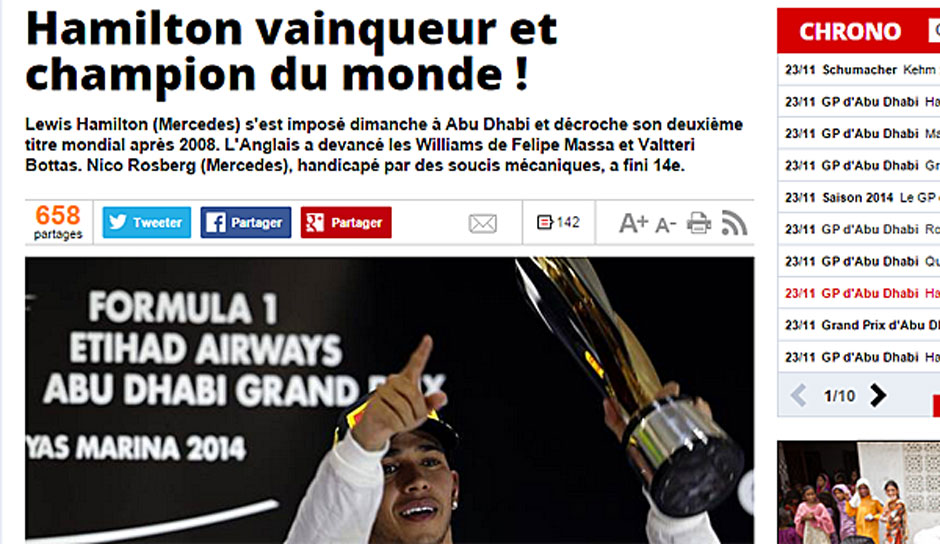 Die französische Sportzeitung "L'Equipe" schreibt ebenfalls ganz trocken: "Hamilton ist Sieger und Weltmeister!"