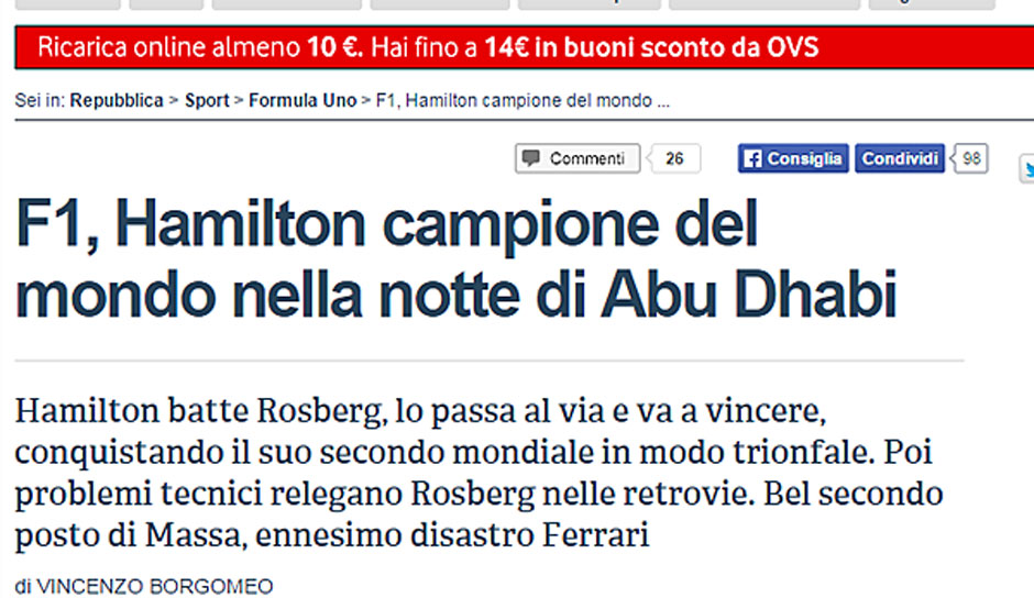 Die "Repubblica" schwärmt von der Überlegenheit: "Mercedes dominiert die Formel 1 und krönt Hamilton. Der Herausforderer Nico Rosberg war weniger gefährlich, als man zu Beginn gedacht hatte."