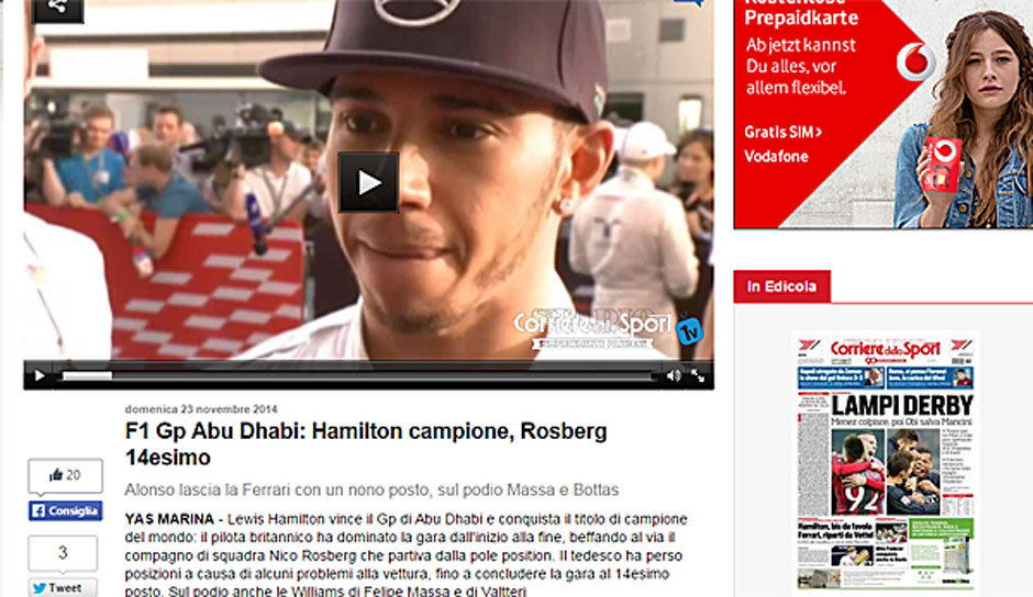 Der "Corriere dello Sport" bleibt ganz, ganz sachlich: "Hamilton Weltmeister, Rosberg Vierzehnter"