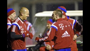 Arjen Robben und Franck Ribery hatten sichtlich Spaß an der ersten Einheit und...