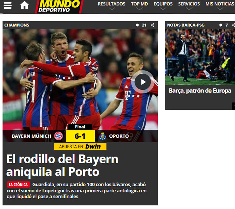 Bei "El Mundo Deportivo" wird's martialisch. "Die Bayern-Walze löscht Porto aus."