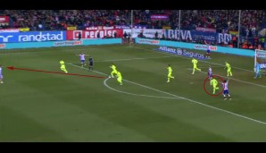Atletico suchte gerade den Abschluss, Barcelona blockt und kann kontern. Rakitic spielt auf den rechts wartenden Messi, Alba zieht den Sprint an