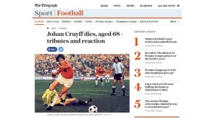 Der englische Telegraph hat gleich Reaktionen zum Tod von Johan Cruyff und schreibt kurz: ''Johan Cruyff stirbt im Alter von 68''