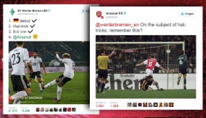 Gnabry erregte in den sozialen Netzwerken höchste Aufmerksamkeit. Werder Bremen foppte Gnabrys Ex-Verein Arsenal. Die Gunners reagierten mit dem Verweis auf einen 4:2-Sieg in Bremen anno 2000, als Ray Parlour dreifach netzte