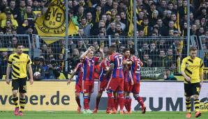 Bundesliga, 27. Spieltag 2014/15, Borussia Dortmund - FC Bayern 0:1. Auch in der Rückrunde war das Team von Pep Guardiola zu stak für den BVB. Ein Treffer von Lewandowski reichte den Bayern aus, um drei Zähler aus dem Signal Iduna Park zu entführen.