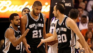 Platz 12 gehört den Basketballern von den San Antonio Spurs: Tim Duncan (M.) und Co. kommen auf 4.147.509 Euro pro Saison