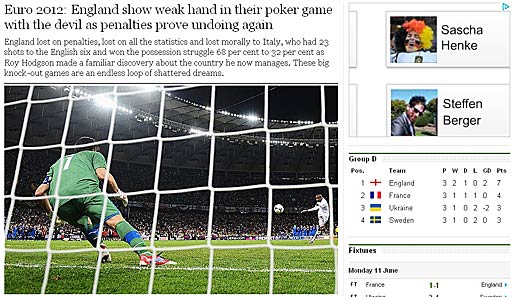 "The Telegraph": "England hat im Pokerspiel mit dem Teufel schlechte Karten, wie die erneute Niederlage im Elfmeterschießen beweist."