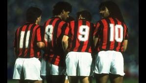 Bei Milan spielte Van Basten u.a mit Carlo Ancelloti (l.), Frank Rijkaard (2.v.l.) und Ruud Gullit (r.) zusammen.