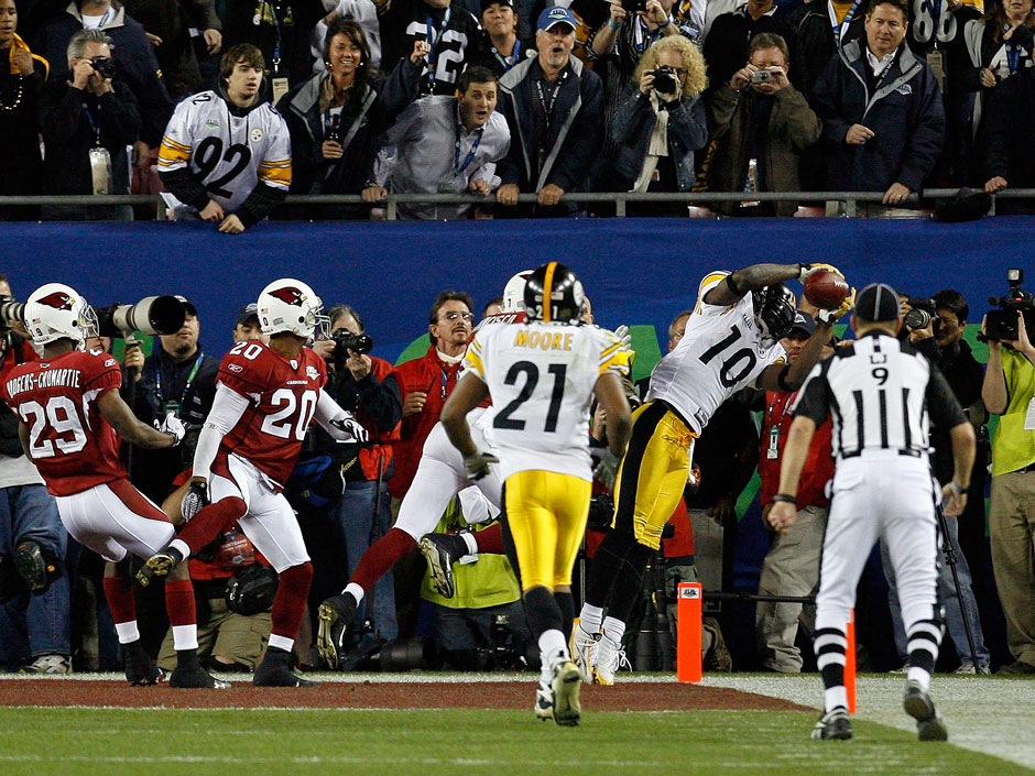 Super Bowl XXLIII: Mit diesem Catch machte sich Santonio Holmes unsterblich. In letzter Sekunde gewannen die Pittsburgh Steelers 2009 gegen die Arizona Cardinals