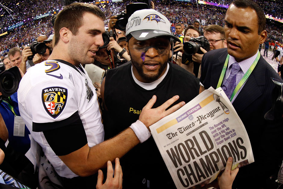 Super Bowl XLVII: Die Baltimore Ravens sicherten sich gegen die San Francisco 49ers ihre zweite Championship. Überragend dabei: Joe Flacco (l.), der zum MVP gewählt wurde
