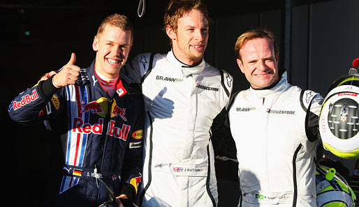 Die drei Schnellsten: Sebastian Vettel, Jenson Button, Rubens Barrichello (v.l.)
