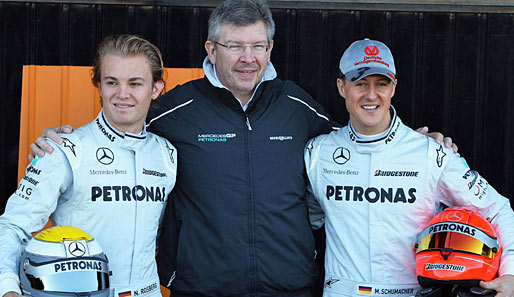 Das Mercedes-Team: Nico Rosberg, Ross Brawn und Michael Schumacher (v.l.n.r.)