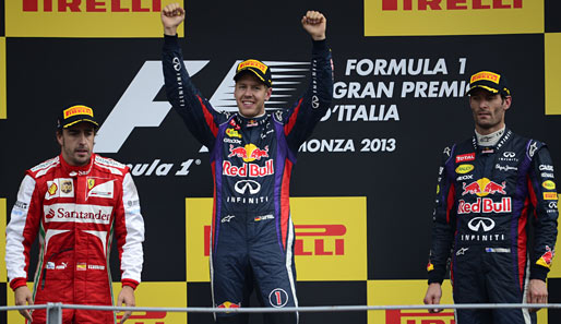 Sebastian Vettel (M.) gewann in Monza sein sechstes Rennen im Jahr 2013